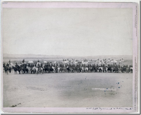 Title: Capt. Taylor and 70 Indian scouts
Long row of military men and Lakota scouts on horseback in front of tipi camp--probably on or near Pine Ridge Reservation. 1891.
Repository: Library of Congress Prints and Photographs Division Washington, D.C. 20540