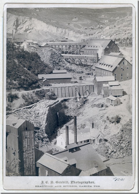 Title: Mines and Mills. The Caledonia No. 1, Deadwood Terra No. 2, and Terra No. 3. Gold Stamp Mills, located at Terraville, Dak.
Three prominent lumber mills and stacks of lumber. 1888.
Repository: Library of Congress Prints and Photographs Division Washington, D.C. 20540