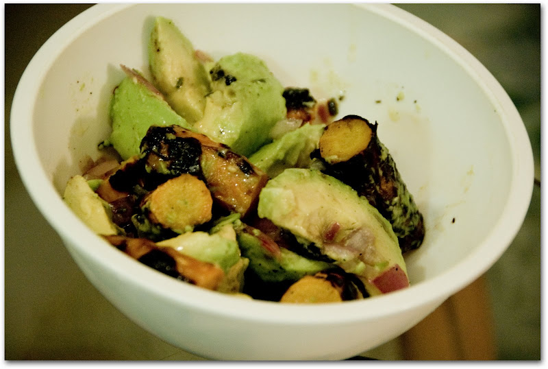 Grilled carrot and avocado salad