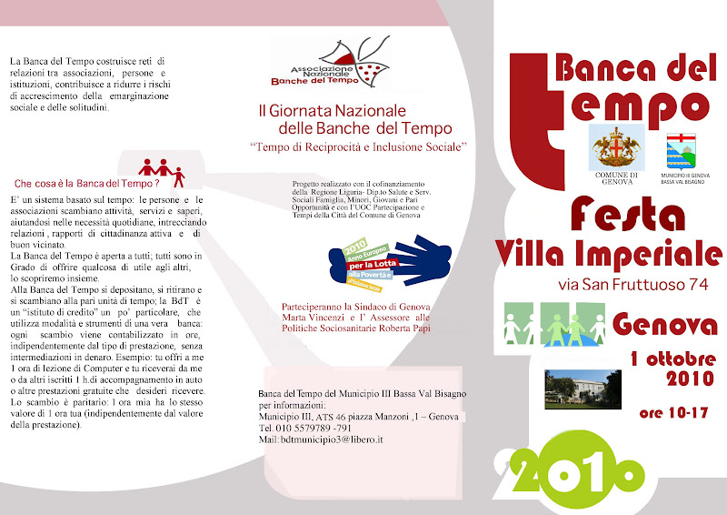 Locandinda della festa della Banca del Tempo a Genova, il primo ottobre 2010, dalle 10 alle 17 a Villa Imperiale