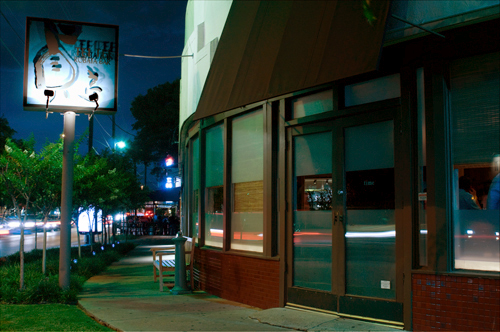 A view of the Sake Bar door from Henderson avenue