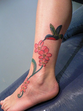 flower honey bird tattoo, leg tattoos