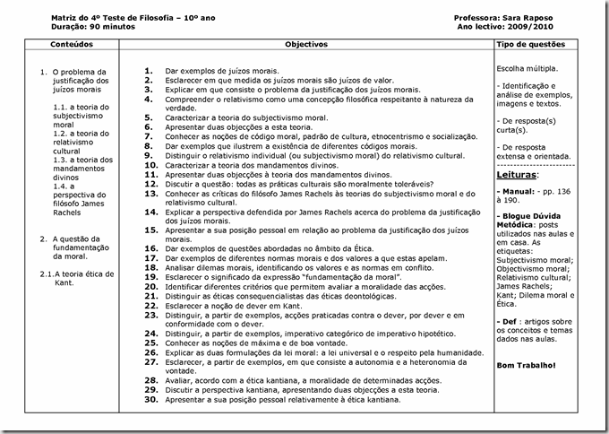 Matrz do 4º teste  10º ano S 09 10