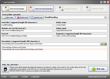 Tela de cadastro dos feeds usando o programa Feed Submitter 4.0 Tela de cadastro dos feeds usando o programa Feed Submitter 4.0