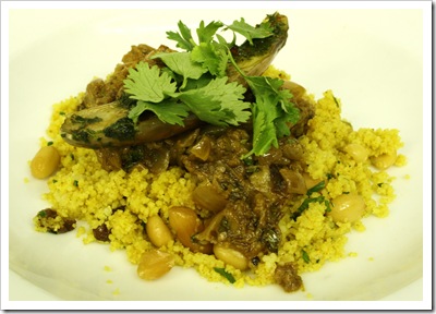 swoon kitchenbar, meatless monday menu, moroccan style eggplant, curry couscous, raisins, peanuts
