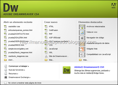 pantalla de inicio de Dreamweaver CS4
