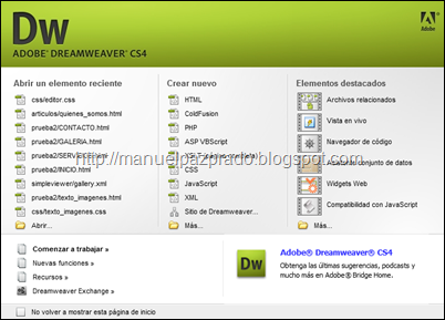 pantalla de inicio de Dreamweaver CS4 pantalla de inicio de Dreamweaver CS4