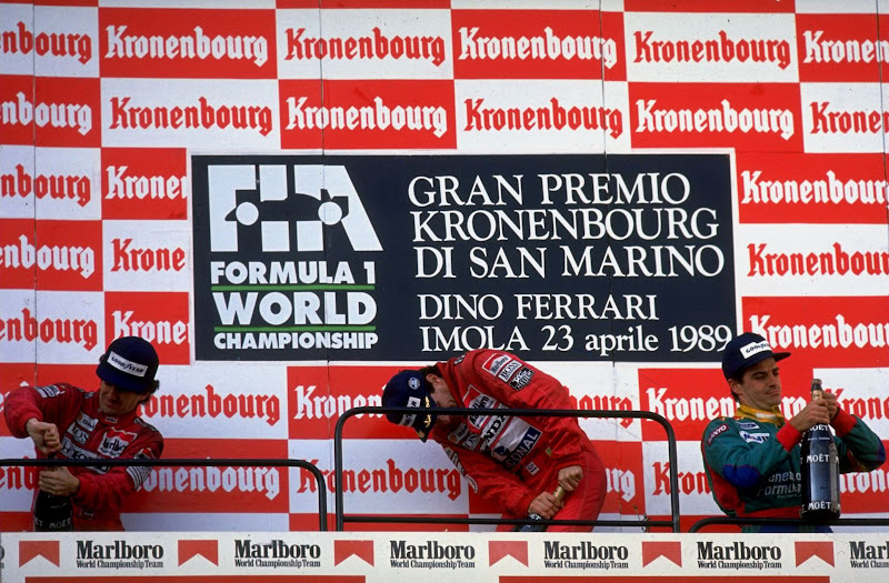 Айртон Сенна, Алан Прост и Алессандро Наннини на подиуме Гран-при Сан-Марино 1989