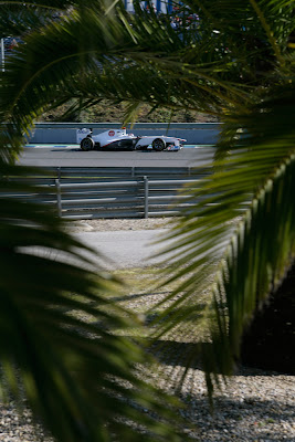 Камуи Кобаяши среди пальм в болиде Sauber на предсезонных тестах 2011 в Хересе