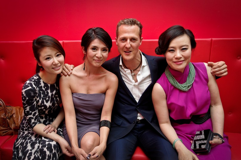 Actress Ruby Lin, actress Charlie Leung, driver Michael Schumacher and actress Vivian Wu at the launch for the Navyboot Msone Collection launch at MoCa