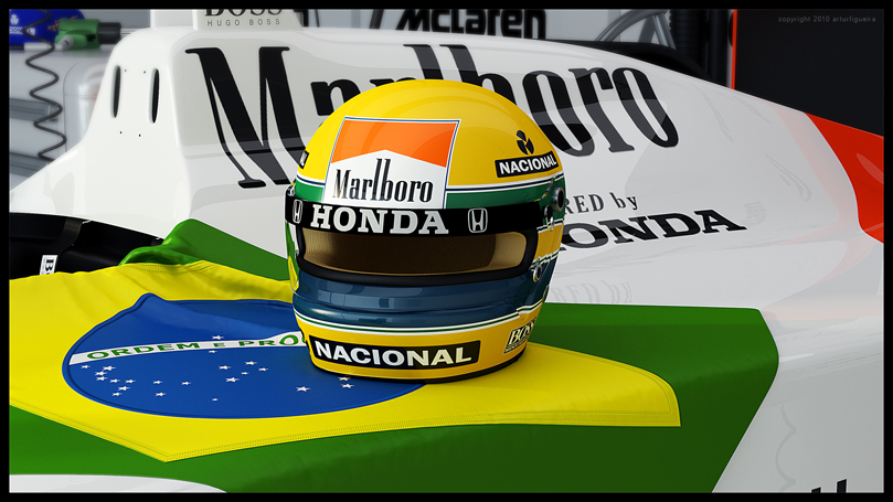 шлем Айртона Сенны и бразильский флаг на болиде McLaren рендер 3DSMax+Vray