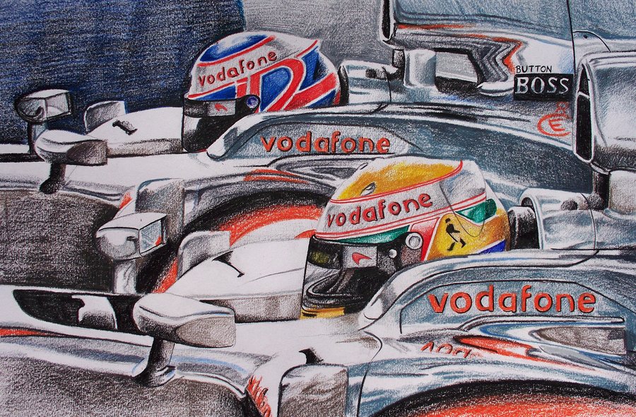 рисунок британские гонщики McLaren Льюис Хэмилтон и Дженсон Баттон