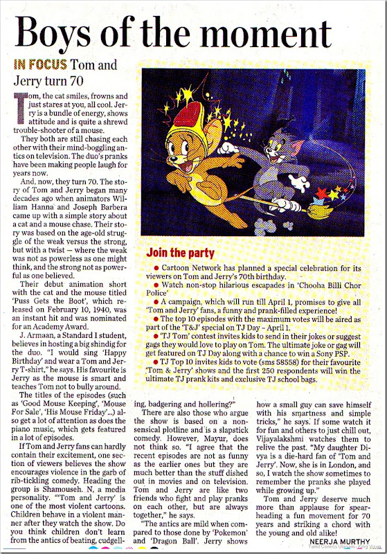 The Hindu Dated 16032010 Metro Page 1 Tom n Jerry Turn 70