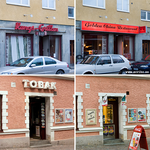 Kungsgrillens skylt före och efter. Gillberska genomfarten med och utan tobaksskyltenn