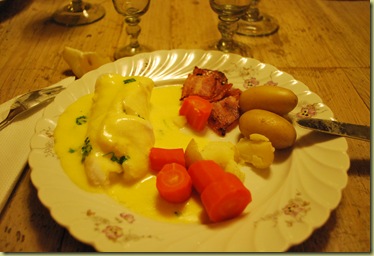 Dinner - Cod with Sandefiord Butter  - bacon - Carrots and Almond Potetoes