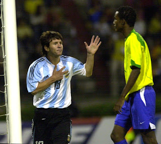 Argentina's Leonardo Lionel Messi celebrates his goal against Brazil