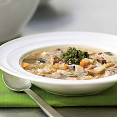 Chicken Barley Soup with Walnut Pesto
