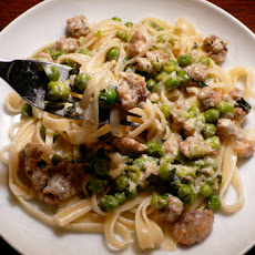 Tagliatelle with Sausage, Peas & Mint