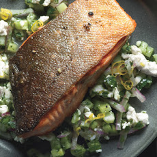 Arctic Char with Cucumber-Feta Relish and Jalapeño-Goat Cheese Hush Puppies