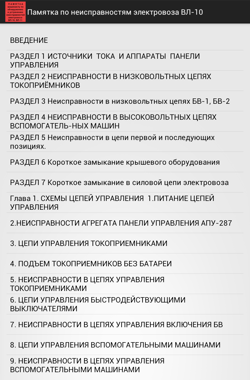 Android application Памятка по неисправностям ВЛ10 screenshort