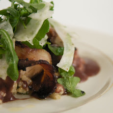 Crispy Bacon-Wrapped Chicken with Three Cheese Creamy Risotto and Arugula Fennel Salad