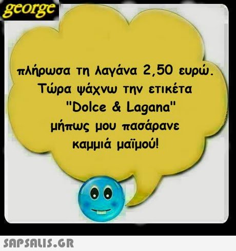 george πλήρωσα τη λαγάνα 2,50 ευρώ Τώρα Ψάχνω Την ετικέτα Dolce & Lagana μηπως μου πασαρανε καμμιά μαϊμού! 