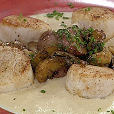 Seared Scallops Served with a Truffled Potato Sauce and Warm Potato Relish