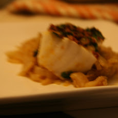 Halibut with preserved lemon chutney over melted fennel and leeks
