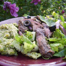Balsamic Skirt Steak, Fresh Greens, Pea & White Bean Puree