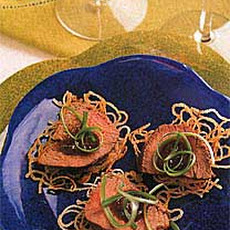 Ginger-Hoisin Beef and Scallions on Crispy Noodle Cakes