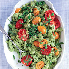 Pea Spaetzle with Mint, Chives, and Tomatoes