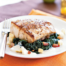 Roasted Black Bass with Apple Cider-Kale Sauce