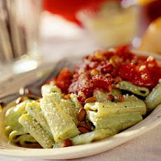 Creamy Pesto Rigatoni with Chunky Tomato Vinaigrette