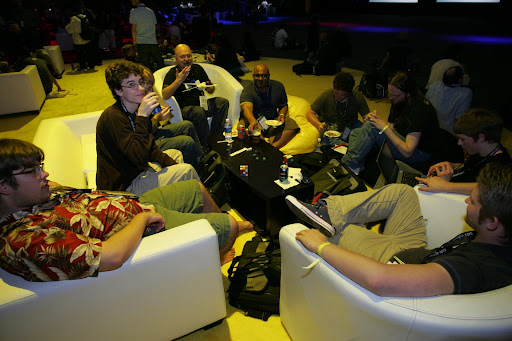 Cody, Phill, and Sunil see the camera while Carl and I relax and David, Jay, and Ian hack