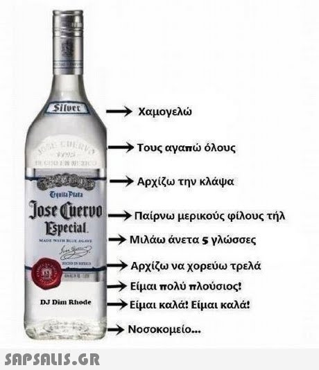 Silver - Χαμογελώ Τους αγαπώ όλους Αρχίζω την κλάψα Παίρνω μερικούς φίλους τήλ Μιλάω άνετα 5 γλώσσες Αρχίζω να χορεύω τρελά Είμαι πολύ πλούσιος! Jose Cuervo Special ~.. su acm : »Είμαι καλά! Είμαι καλά! DJDim Rhode Νοσοκομείο 