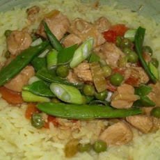 Chicken in Peanut Curry With Saffron Rice and Snow Peas