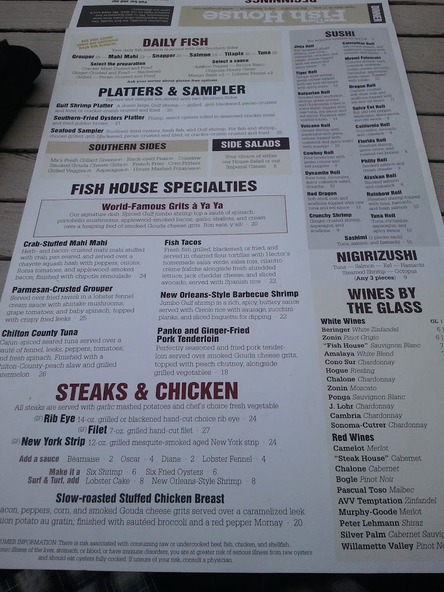 Fish House menu with GF items labeled (back)