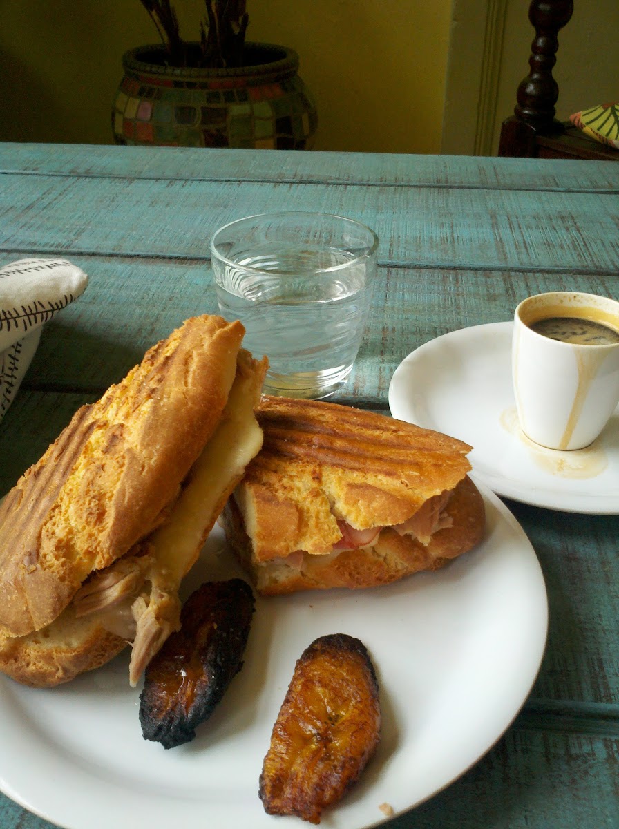 the cuban sandwich on gf bread  w/ two maduros and cuban coffee