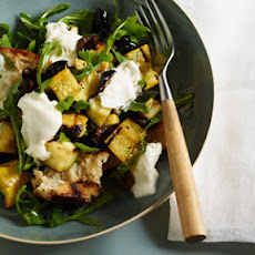 Grilled Panzanella with Arugula, Burrata, Summer Squash, and Olives