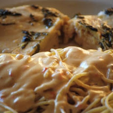 Garlic Basil Chicken With Red Roasted Pepper Alfredo Spaghetti