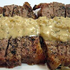 Sliced Shell Steak on Parmesan Toast with Shallot and Sour Cream Sauce