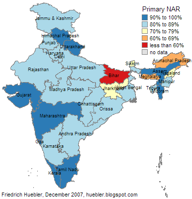 Map showing primary school attendance in India by state and territory, 2006