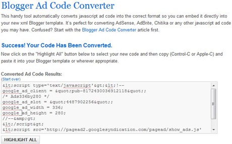 blogger ad code converter for adsense chitika adbrite etc