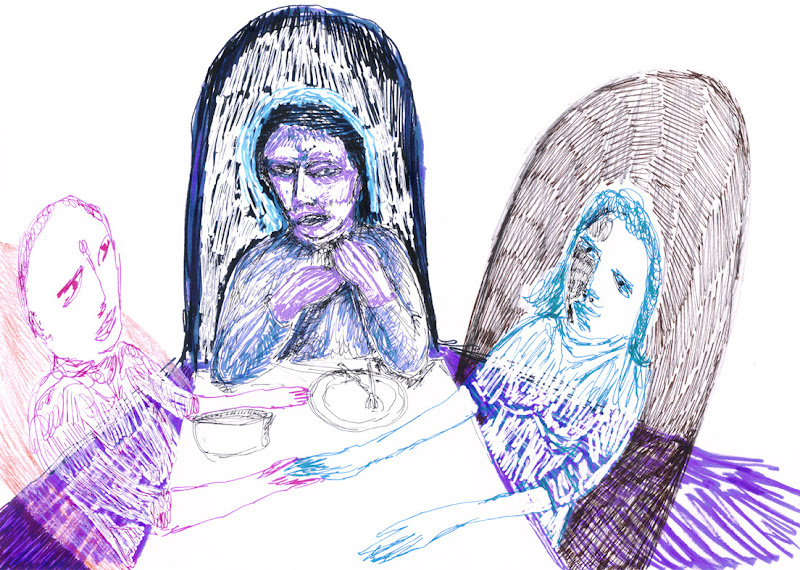 threesome supper, 2007 (ink, felt tip, colour pencil, tippex on paper)