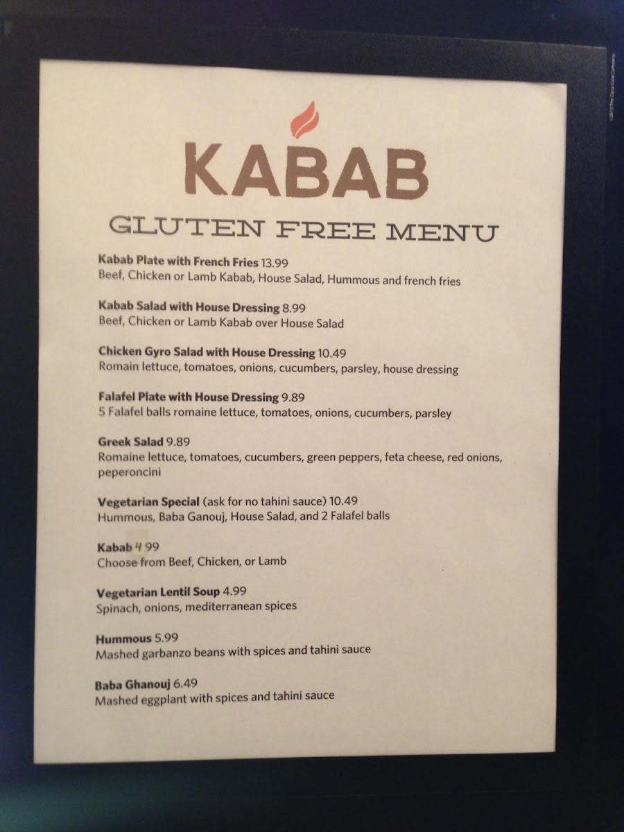 KABAB's gluten free menu!