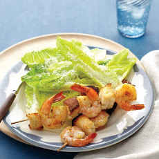 Bread and Shrimp Skewers with Romaine Salad