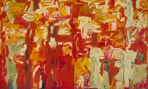 <strong>Wedge</strong>
<br />Acrylic & graphite on canvas
<br />90” x 152” diptych
<br />1980
<br />Private collection: West Vancouver
