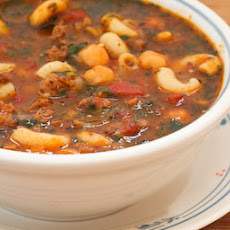 Roasted Tomato Soup with Ground Beef, Sausage, Garbanzos, Macaroni, and Basil