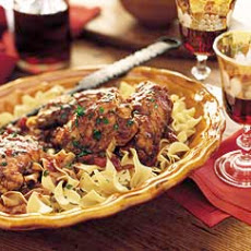 Chianti-Braised Stuffed Chicken Thighs on Egg Noodles
