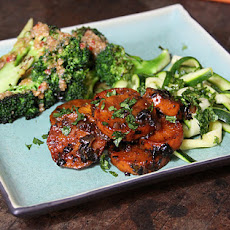 Maple, black bean sweet potatoes with sesame broccoli and zucchini noodles